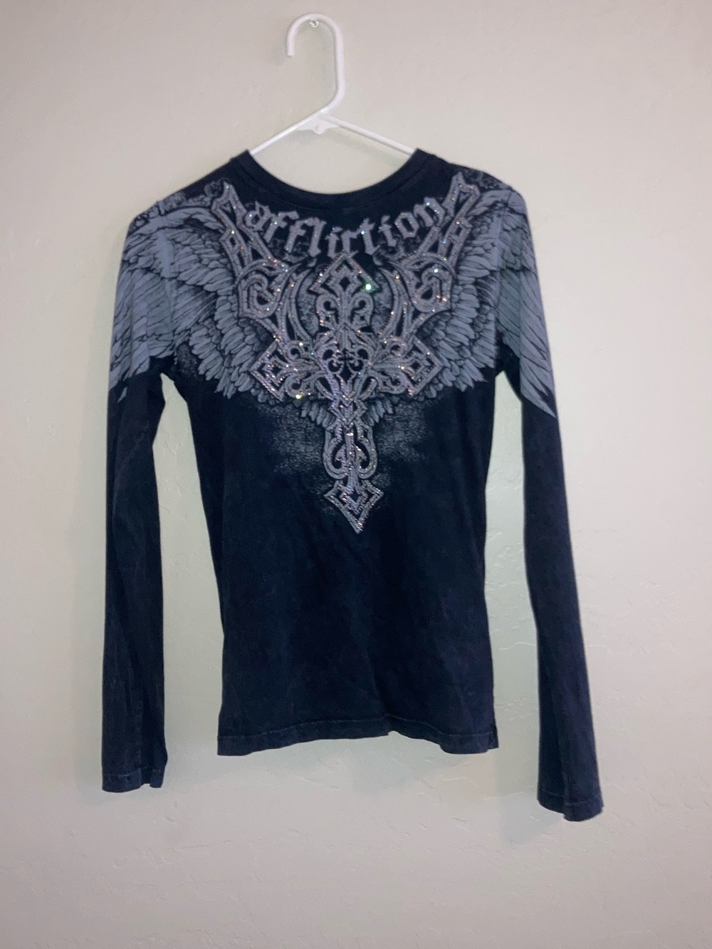 Affliction Black Long-Sleeve Tee with Silver Wing Graphic and Rhinestones
